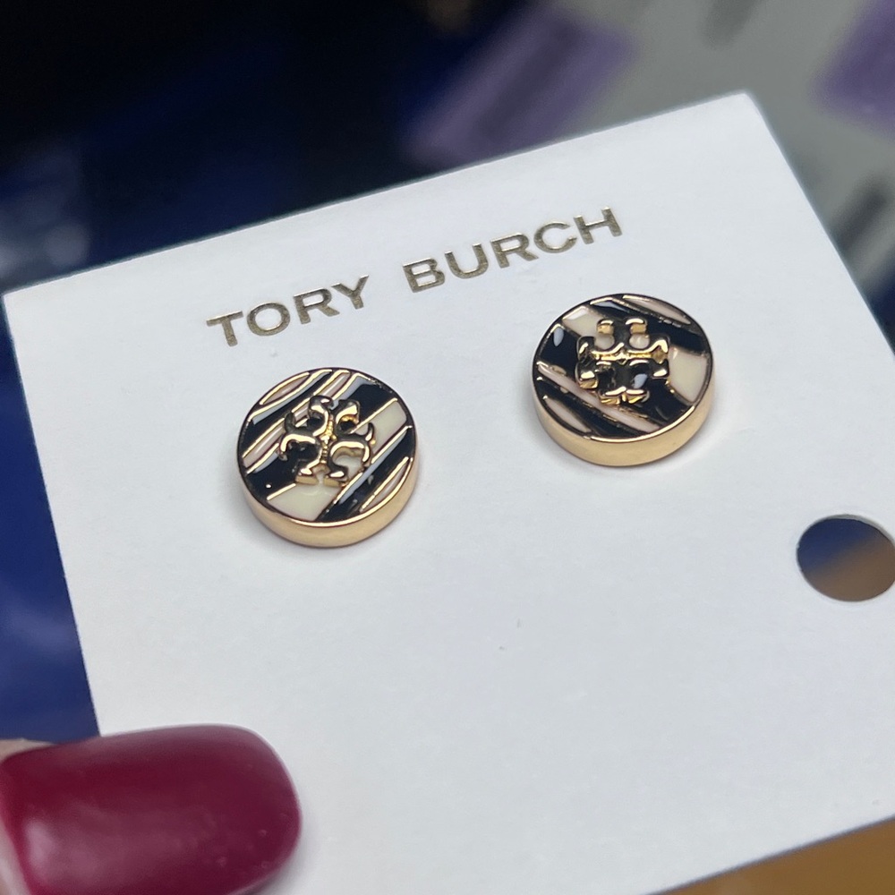 Tory Burch Gold Logo Enamel Stud Earrings - Picture 2 of 3